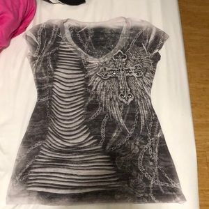 Gray and white T-shirt with a rhinestone cross
